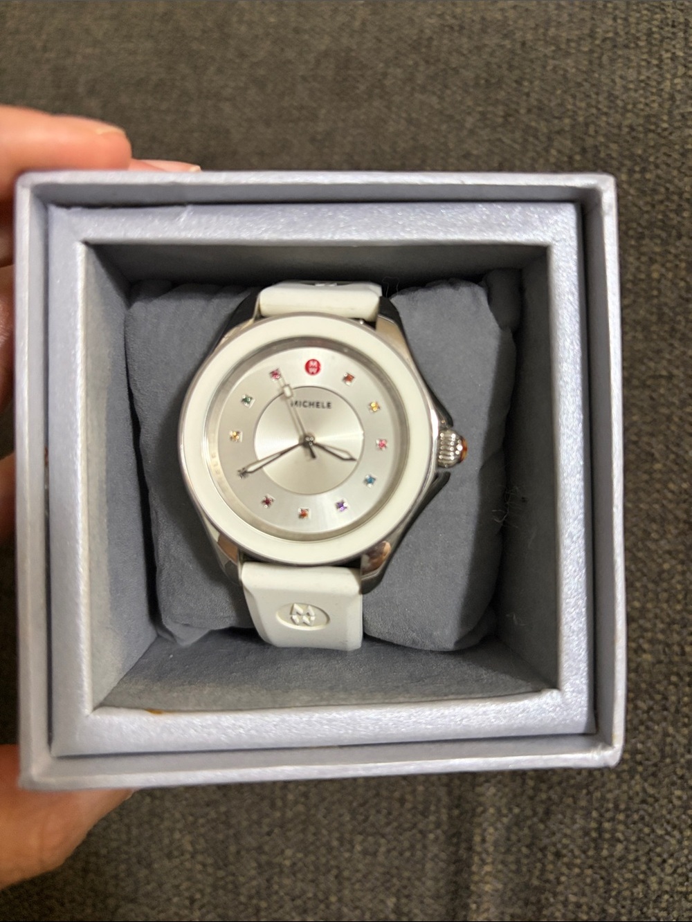 Michele White Silicone Strap Watch with Rainbow Gem Hour Markers